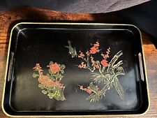 Large Vintage Japanese Black Lacquer Serving Tray with Gold Trim picture
