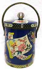 VTG Metal Tea Tin Lid Blue Flower Butterfly Handle England English Candy Biscuit picture