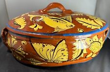 Vintage Mexican Fantasia Folk Art Yellow Fish & Butterfly Pottery Casserole picture