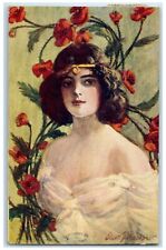 1909 Pretty Woman Curly Hair Flowers Lake Preston South Dakota SD Postcard picture
