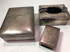 1880’s Orient Sterling Fine Silver Smoking Set Cigarette Box Ashtray Match Safe picture
