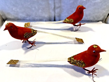 Vintage 1950s Set of 3 Red Flocked and Footed Rare Bird Ornaments 8