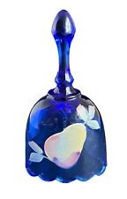 Vintage Fenton Art Glass Bell Cobalt Blue Hand Painted Pear Artist Signed 4 3/8