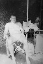 Vintage 1950s Photo Husky Young Man Shirtless Shorts Sitting in Lawnchair picture