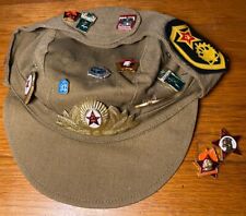 Vintage Soviet Union Russian Military Hat with 15 Pins Patches USSR picture