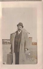 RPPC Traveling Man in Bowler Hat Smokes Cigar Holds Suitcase Vintage Postcard picture
