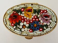 Vintage Micro Mosaic Floral Oval Ornate Gold Tone Pill Trinket Box picture
