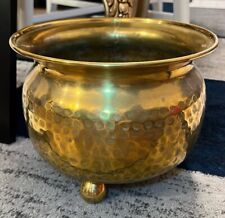 LARGE 10” ANTIQUE HAMMERED BRASS PLANTER POT TRI FOOTED JARDINIERE SPITTOON picture
