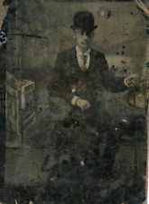 Antique Tintype photograph 1800s Man Chinese ? Walking Stick Hat Glasses Cane picture