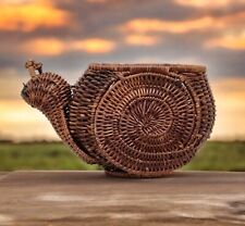 Vintage Snail Wicker Rattan Basket Planter MCM Boho Cottage Decorative CUTE picture