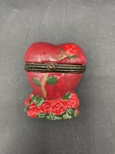 Vintage Hand-painted Porcelain Red Heart Trinket Box, Hinged, Long-Stem Red Rose picture