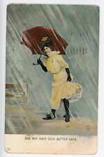 Antique Postcard She May Have Seen Better Days Woman Rain Umbrella Posted 1911 picture