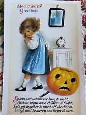 vintage Halloween postcard  girl jack o lantern pumpkin spooks witches poem picture