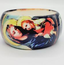 Virgin Mary Baby Jesus ICON Wide Bangle Bracelet Signed Rare Colorful VINTAGE picture