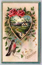 Valentine~Couple Walks Path In Gold Heart~Robin~Roses~Green Frame~Emboss~Vtg PC picture
