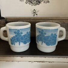Vintage Anchor Hocking Fire King Milk Glass Mug Lot Set of 2 Blue Flower Mugs picture