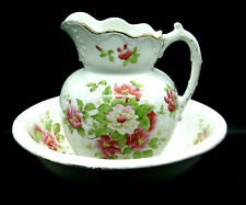 Antique Victorian Era Ironstone Pitcher and Matching Wash Bowl Floral Bouquets picture