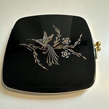 Vintage Double Mirror Compact Hummingbird Bird Etched Gold & Blue Heavy picture