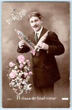 RPPC MAN FISH HANDCOLORED UP TO YOU POISSON D'AVRIL APRIL FOOLS FRENCH POSTCARD picture