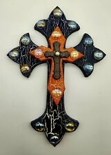 Vintage Milagros Wood Paper Mache Pearl & Stone Cross Handmade Mexican Folk Art picture