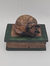 Vintage Wooden Cat Sleeping On Book Jewlery Trinket Box Made In Thailand 6 Inch picture