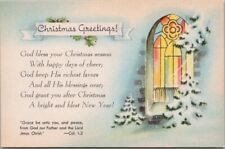 c1950s Religious CHRISTMAS Postcard Church Window Bible Verse -  Col. 1:2 Unused picture