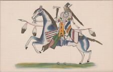 c1970s Blackfoot Warrior on Horseback Drawing Replica Linen Postcard UNP B2463 picture