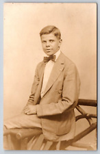 Original Old Vintage Antique Photo Picture Postcard Boy In Suit Chair Sepia picture