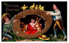 EASTER Children in Victorian Dress Girl in Egg Holding Rabbits Chicks Sent 1913 picture