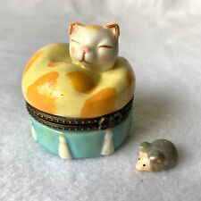 Cat Sleeping Ceramic Trinket Box With Mouse Inside Orange Tabby Kitty picture