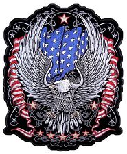 Large Patriotic Silver Bald Eagle American Flag Stars Embroidered Biker Patch picture