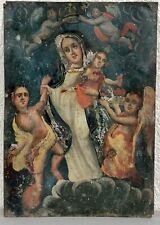 Antique Oil Painting Lady of Light Virgin Mary Angels Mexican Retablo 19th C. picture