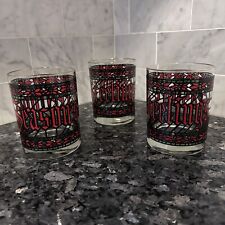 Vintage Houze Stained Glass Seasons Greetings Glasses Cups Gold Rim MCM 1970s picture