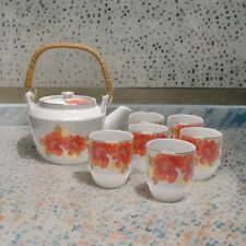 Japanese Kozan Gama Kiln Otagiri Teapot & 6 Tea Cups Orange Floral Gold Trim picture