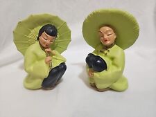 HTF Pair VTC 1950 Chalkware Asian Man Woman Figurines Statues Green Priority picture