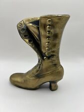 Vintage Brass Colored Heavy Cast Metal Victorian Lady Boot Vase Figurine picture