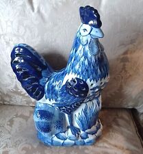 Rooster Statue Chinoiserie French Country Ceramic Blue White 15