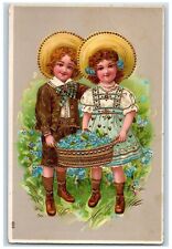1910 Children Pansies Flowers In Basket Embossed Gel Gold Gilt Antique Postcard picture
