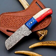 Custom Handmade Damascus Steel EDC Bull Cutter Knife Texas Flag Handle W/ Sheath picture