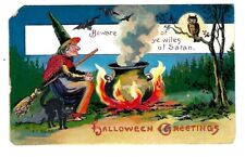 c1910 Halloween Postcard Witch Brewing Potion Beware of Satin, Moon/Owl picture