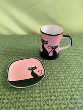 Hues N Brews Siamese Cat Mug Saucer Pink Black 8 Oz Micro Dishwasher Safe picture