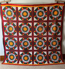 Antique 1890s Eight Point Star Hand Stitched Quilt Red Cheddar picture