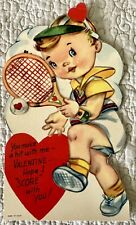 Vintage Valentine Boy Tennis Score Large Mechanical Greeting Card 1940s 1950s picture