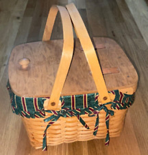 1994 Longaberger Picnic Basket Wood /Leather Strap  Imperial Stripe + Protector picture