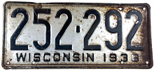 Wisconsin 1938 Pair Auto License Plate Set Vintage Garage Man Cave Collector picture