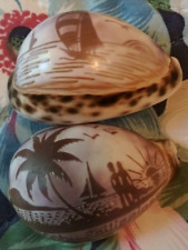 2 Vintage Hand Painted Cebu Phillipines/Sailboat Souvenir Tropical Cowrie Shells picture