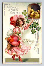 1910 TUCK's Easter Series 704 Pretty Lady Chicks Clovers Eggs Postcard picture