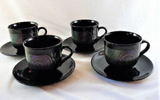 Vintage Arcoroc Tampico 4 Cups Saucer Sets   Abstract Black Tempered Glass picture