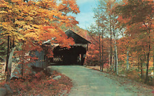 Old Wooden Covered Bridge, Autumn Fall Foliage, Vintage Postcard picture