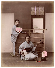 Japan, two Geisha with fans and shamisen Vintage print, albumin print aquar print picture